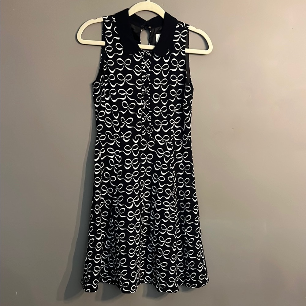 Kate Spade Mackenna Bow Print Black and White Pleated Midi Dress